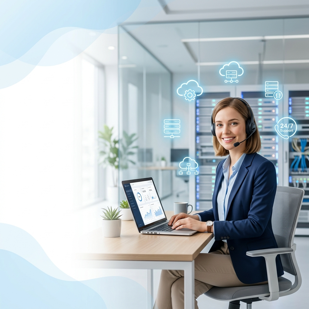 Modern cloud hosting support executive in futuristic office